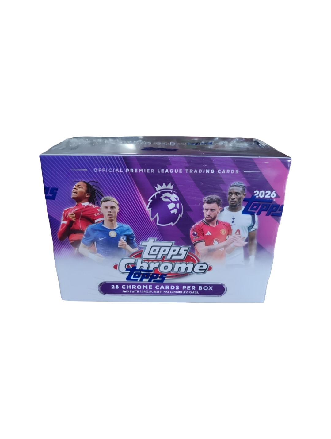 Caja Topps Chrome Premier League 2026 con sobres de cartas de fútbol
