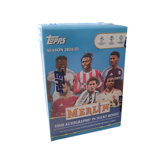 Caja Topps Merlin Chrome 2024/25 UEFA Value Box con sobres de cartas de fútbol, paralelos raros e inserts coleccionables